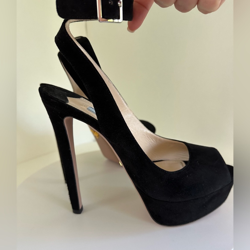 PRADA suede black 5.7- inch heels and 1.7-inch platform pumps in 7.5 size.